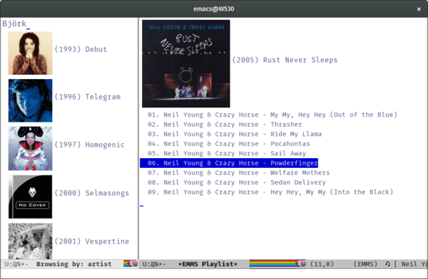 the emms multimedia player showing covers